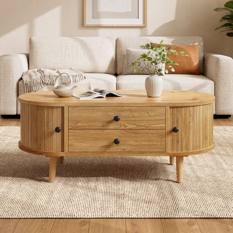 Table basse ovale avec portes coulissantes à lattes verticales 2 tiroirs MDF pieds pin massif rangement salon moderne chic déco