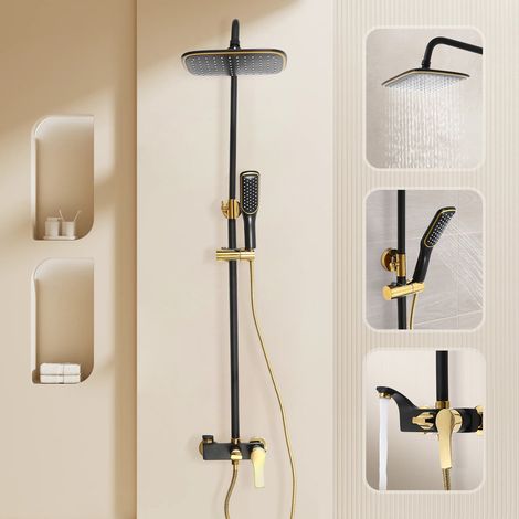 【Chauffage et ventilation】Ensemble de douche, colonne de douche, robinet, pomme de douche à effet pluie, robinet de douche, système de douche (avec douchette à main), hauteur réglable, trois modes de (1/5)