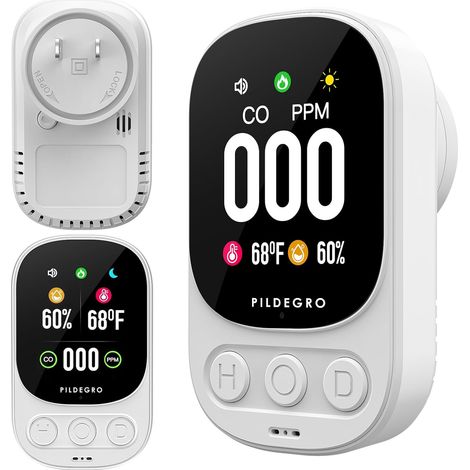 3-in-1-Kohlenmonoxidmelder zum Einstecken, professioneller tragbarer CO-Monitor mit LED-Anzeige, 85 dB akustischem Alarm, Temperatur- und Feuchtigkeitsmessung (Weiß)