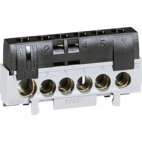 Legrand – Bornier de phase 6 bornes pour câbles 6 à 25 mm² et 10 à 35 mm² – Capot de sécurité isolant – Montage sur rail ou support universel