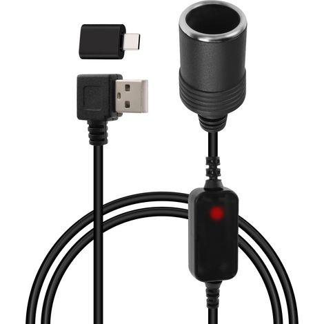 Câble USB A mâle à 90 degrés vers prise allume-cigare, adaptateur USB A mâle vers allume-cigare, avec voyant lumineux, pour enregistreur de conduite GPS et autres (1.2M) (1/5)