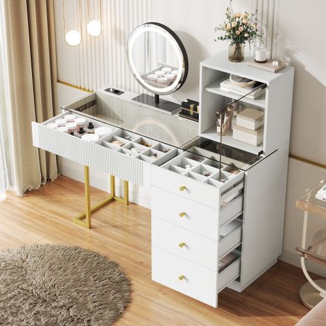 Ensemble coiffeuse avec miroir LED plateau verre trempé 5 tiroirs et 1 armoire blanc dimensions B120 T40 H120 cm