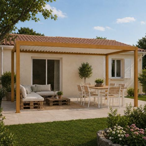 Pergola Bioclimatique Aluminium Autoportante Aspect Bois 5x3 Manuelle S ORIAL France (1/5)