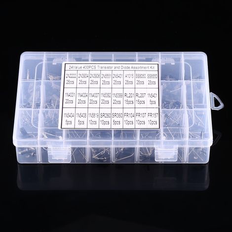 Assortiment de 400 transistors et diodes redresseuses (24 valeurs) avec boîte de rangement (1/5)