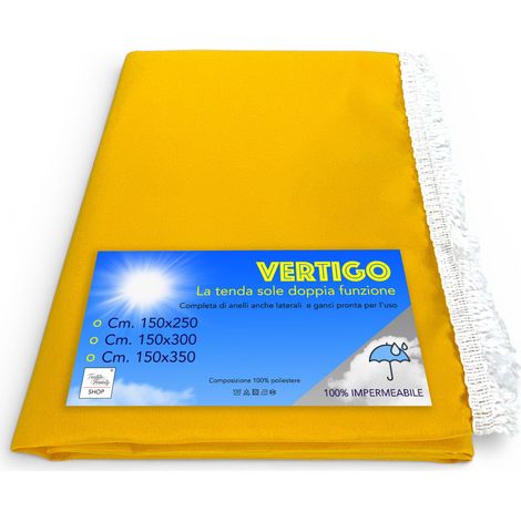 Tenda da Sole Vertigo Tex Family Giallo Unito 100% Poliestere Impermeabile Idrorepellente Tinto Filo Occhielli Acciaio Frangia Cm. 150x250