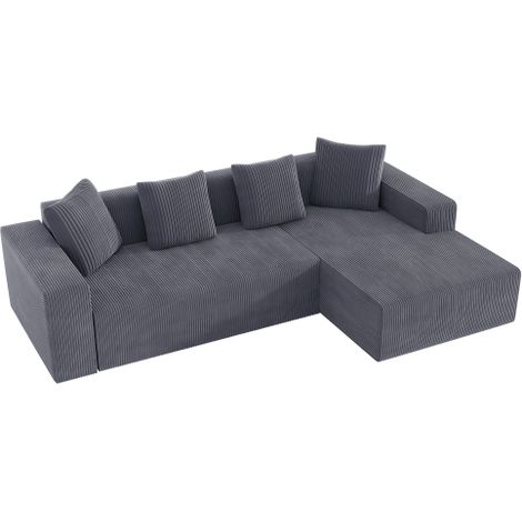 Canapé d’angle modulable avec méridienne, assise profonde, velours côtelé gris