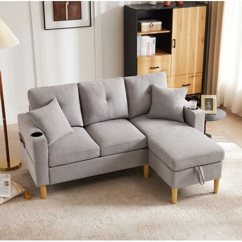 Divano angolare reversibile 175 x 129 x 90 cm in tessuto grigio chiaro con contenitori e 2 cuscini (1/5)