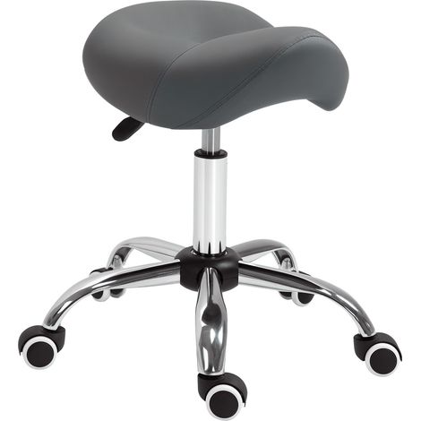 Tabouret de selle hydraulique réglable, à roulettes, ergonomique, en cuir PU, pour salon de beauté, gris, rond. (1/5)