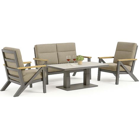Set 4 Pezzi Salotto da Giardino 4 Posti Kea con Divano 2 Poltrone Reclinabili e Tavolino Piano in Ceramica in Alluminio Verniciato Grigio (1/5)