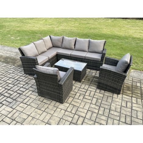 Fimous 8 Seater High Back Outdoor Garden Furniture Set Rattan Corner Sofa Set With Rectangular Coffee Table 2 Armchairs Dark Grey Mixed