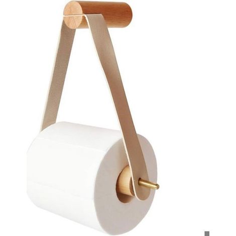 Porte-Rouleau Papier Toilette - Bois Naturel et Cuir - Montage Mural Facile - 20 x 18 cm - 1 Pièce (1/4)
