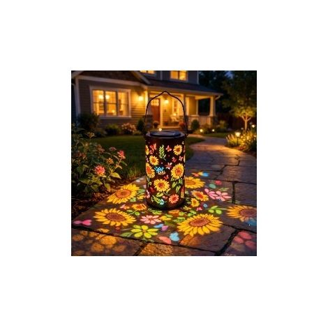 Solarbetriebene Hängeleuchte aus durchbrochenem Schmiedeeisen für Balkongärten, Innenhöfe, dekorative Campingbeleuchtung, Sonnenblumenmotiv, farbenfroh, 18 cm.
