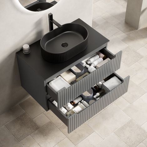 Meuble de salle de bain suspendu 80 cm noir avec vasque ovale, plan en pierre et 2 tiroirs (1/5)
