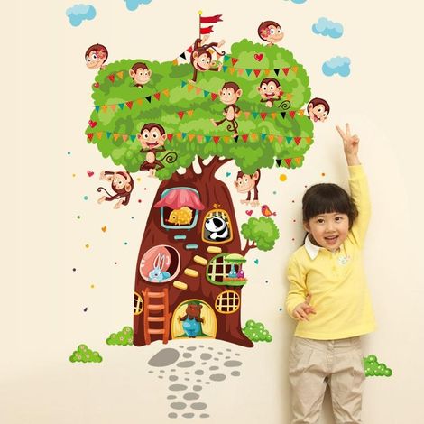 Sticker mural Maison de singe dans l'arbre, décoration pour chambre d'enfant, papier peint artistique (1/5)
