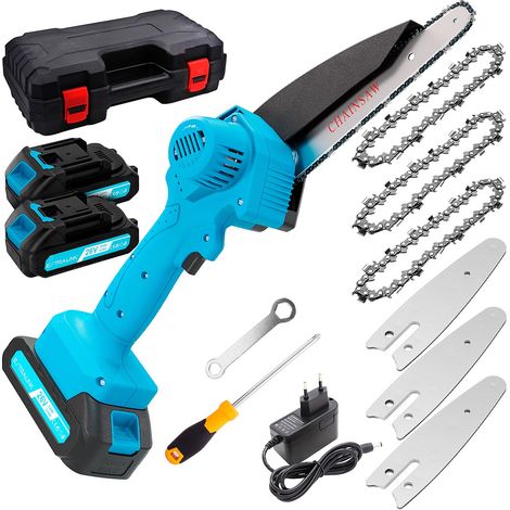 Mini motosierra bateria Extralink, 6 pulgadas 2x batería de 3 Ah, tamaño compacto, motor potente y 3x cadena de acero endurecido duradera para un corte uniforme, empuñadura cómoda, motosierra de mano