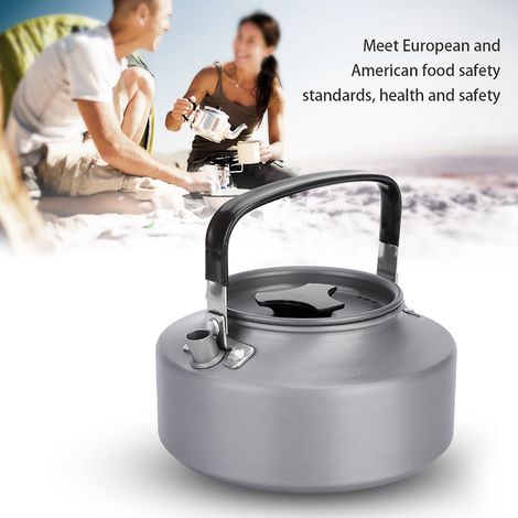 Bouilloire de camping en aluminium 1.1L, parfaite pour thé, café et randonnée, avec manche noir. (1/5)