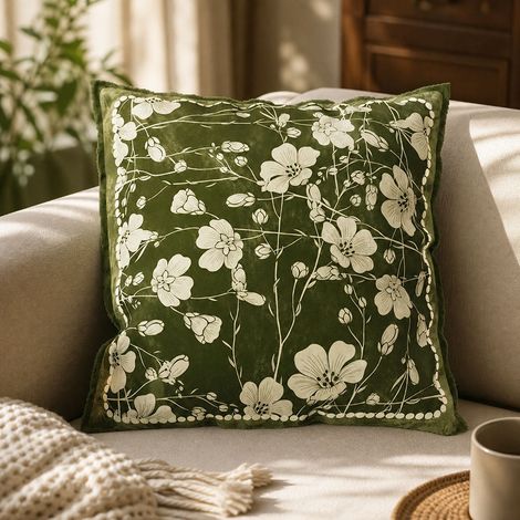 Coussin décoratif style vintage vert, housse et âme incluses, imprimé floral et géométrique, coton PP moelleux, 50x50 cm (1/5)