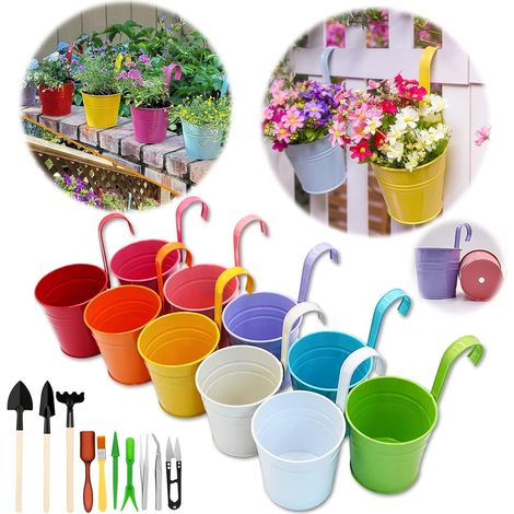 Grand Pot de Fleurs en métal avec des Outils de Jardin, Crochet Amovible, Trou de Drainage (10 pièces avec 10 Couleurs Assorties)