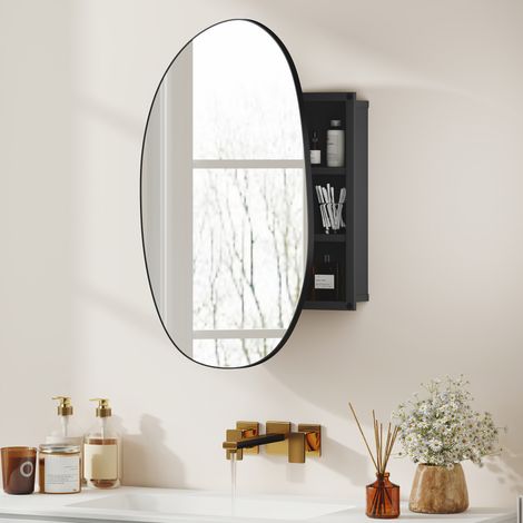 Armoire de salle de bain avec miroir et 3 étagères intérieures, en aluminium et métal, 61 x 12 x 79 cm, noire (1/5)