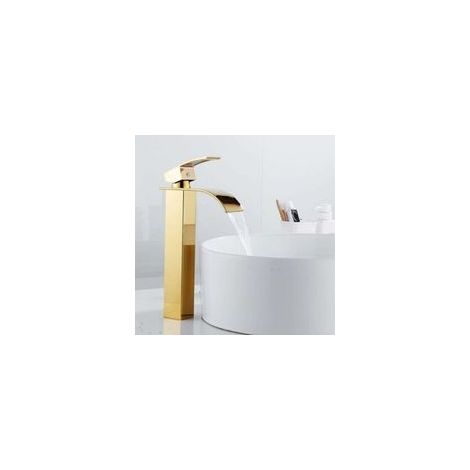 Robinet Lavabo Cascade, Mitigeur D'évier Buse Plate,Robinet Salle de Bain Eau Froide Chaude Disponible, Style Moderne Chromé (haut, Doré)750g