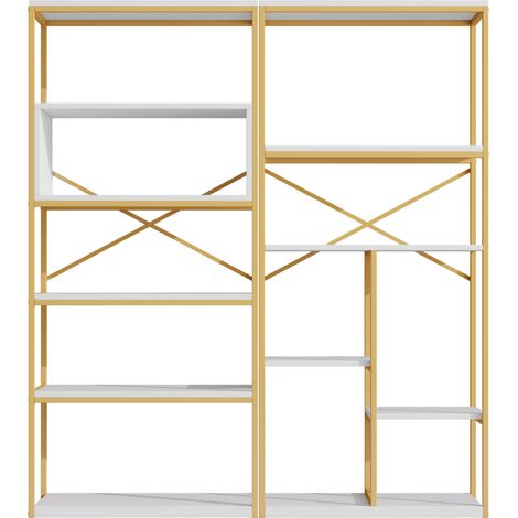 Libreria moderna 160 x 29,5 x 180 cm in metallo e MDF bianca e dorata HOMVRA (1/5)
