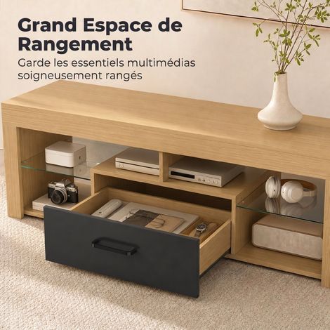 Meuble TV 140 cm, Meuble Télé pour 65 Pouces avec Étagères en Verre Réglables, Tiroir et Compartiments Ouverts, Chêne (1/5)
