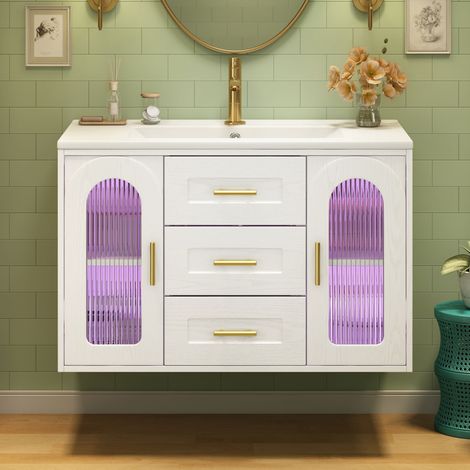 Meuble salle de bain suspendu 76x46x55cm avec LED-vasque céramique-2 tiroirs-portes verre cannelé-sans robinet-MDF-Blanc (1/5)