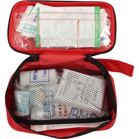 Kit de premiers soins avec pansements, lingettes humides, patchs rafraîchissants, ciseaux, pince à épiler, bandages, packs de glace, trousse d'urgence. (1/5)