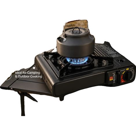 Cocina de gas, 2400 vatios de potencia, diseño compacto, un quemador, apta para uso exterior, sistema de apagado automático. (1/5)