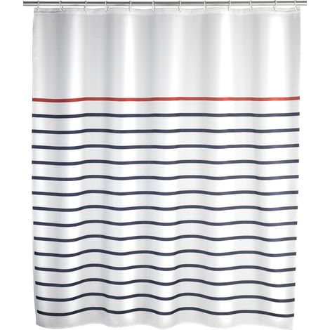 Wenko – Rideau de douche 180x200 cm – Polyester 100% lavable en machine – Hydrofuge avec œillets inox – 12 anneaux inclus – Style marine (1/6)