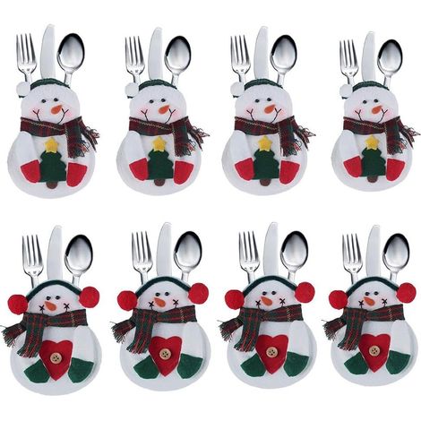 Ensemble de 8 Pièces Porte-couverts de Table de Noël, Sacs à couverts en forme de bonhomme de neige blanc pour décorations de fêtes de Thanksgiving, Nouvel An, Noël (1/5)