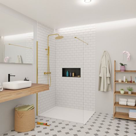 Swiss Aqua Technologies Mampara Walk-in 140x200cm 8 mm antical Crystal Glass®, con brazos y perfiles dorados (SATBWI140PRZ)