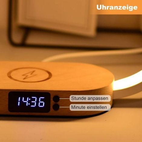 Lampe de chevet tactile bois & blanc avec horloge, port USB, chargeur induction, 3 modes de lumière LAMPE A POSER (1/4)