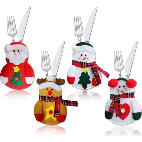 4 Pièces Porte Couver,Couteaux Fourchettes Cuillère Sac de Vaisselle, Décoration de Table de Costume de Noël, élan du Père Noël Bonhomme de Neige (1/5)