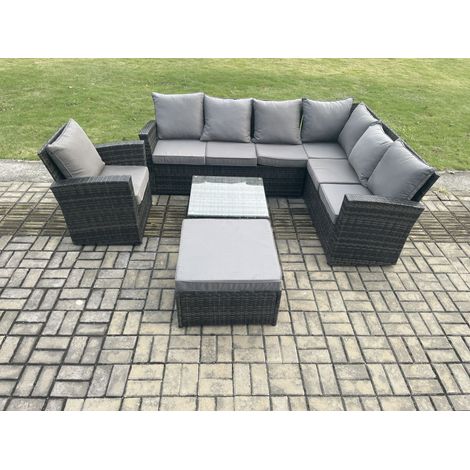 Fimous 8 Seat Outdoor Gartenmöbel-Set Ecksofa Set Outdoor Terrassen Sofa Sessel Tisch Set mit Großer Fußhocker Dunkelgrau gemischt