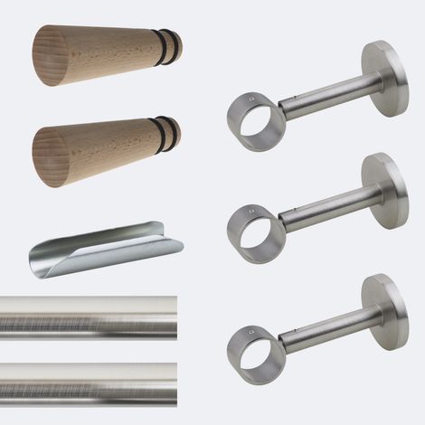 Kit de tringle à rideaux Nickel Mat 300cm Diam.28mm Embout Cône Bois - Fixation Mur - Boulet (1/3)
