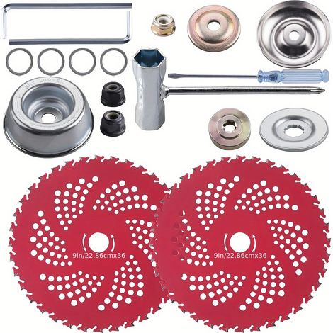 Lame per tosaerba in carburo di tungsteno da 9" x 36 denti (set di 2, senza marchio), kit adattatore universale per decespugliatori, tagliabordi e bordatori
