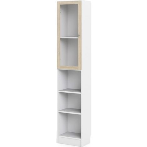 Base Regal 1 Glastür und 2 Ablagen weiss, Eiche Struktur Dekor.