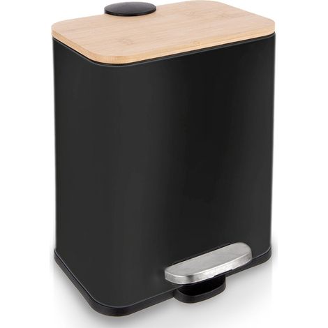 Poubelle - métal - 5 l - Poubelle à pédale - noir avec bambou - Poubelle - idéale pour salle de bains, chambre à coucher (1/5)