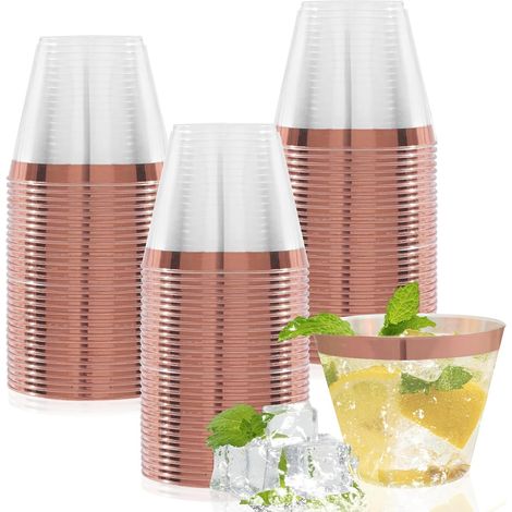 Lot de 50 Gobelets, Bordure dorée, ABS transparent, 250 ml, Réutilisables, Pour cocktail, Champagne, Fête (1/5)