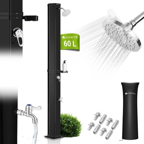 Juskys Solardusche Victoria - bis 60°C – mit schwenkbarem Duschkopf, Fußdusche & Gartenschlauch Anschluss Gartendusche Außendusche - 60 Liter - 217 cm