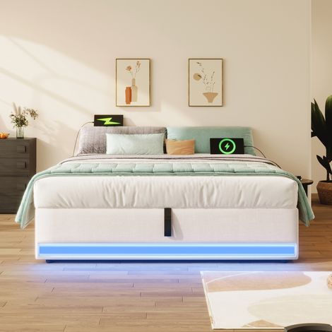 Cama tapizada moderna 140x200 cm de lino beige con LED, USB-C, bolsillos laterales y almacenaje elevable (1/5)
