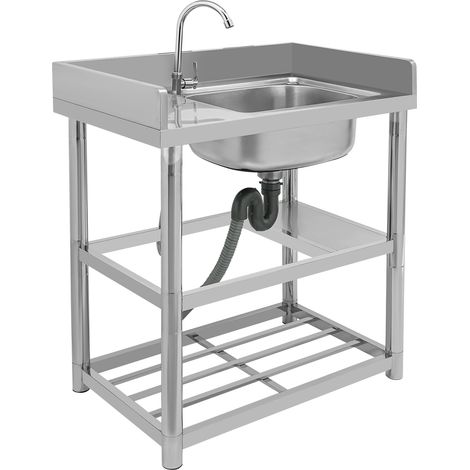 Évier de cuisine, lavabo indépendant en acier inoxydable, évier professionnel 80 x 50 x 80 cm, lavabo simple avec robinet, adapté à une utilisation en extérieur et en camping (côté droit) (1/5)
