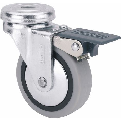 Rotella girevole in gomma con foro, freno e asse liscio, grigia, max. carico 17 kg, ø 4 cm