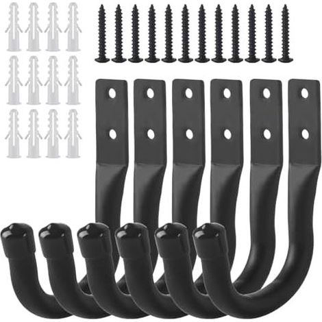 6 Pièces Crochets Muraux Garage pour Vélos et Outils, Support de Rangement Robuste en J, Accroche Murale Noire pour Échelle et Matériel Électrique (1/5)