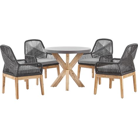 Conjunto de comedor para jardín cemento reforzado de madera gris claro para 4 personas mesa redonda sillas negras diseño moderno Olbia