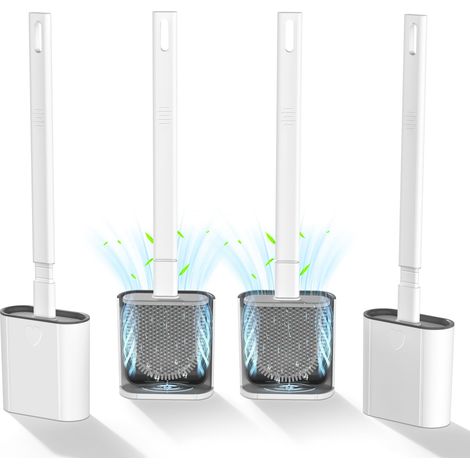 Lot de 4 brosses WC en silicone avec support avec long manche en plastique antidérapant et poils souples et flexibles, brosses WC et support et base anti-goutte (blanc) (1/5)