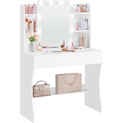 Homevive Tocador con Espejo Luces LED Mesa de Maquillaje con 3 Colores Ajustables 9 Modos de Iluminación Cajón Estante Abierto Blanco (1/5)