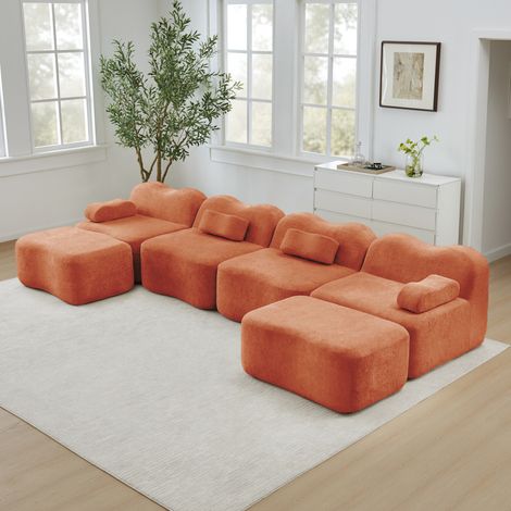 Canapé modulare U-Form Samt Orange 4-Sitzer mit 2 Hockern, rahmenlos (1/5)