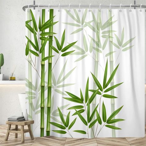 Rideau Douche Anti Moisissure 180x200cm Zen Vert Feuilles d'bambou (1/5)
